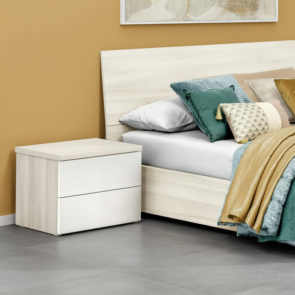 Comodino Melodia 2 cassetti senza maniglie in rovere sbiancato e bianco lucido