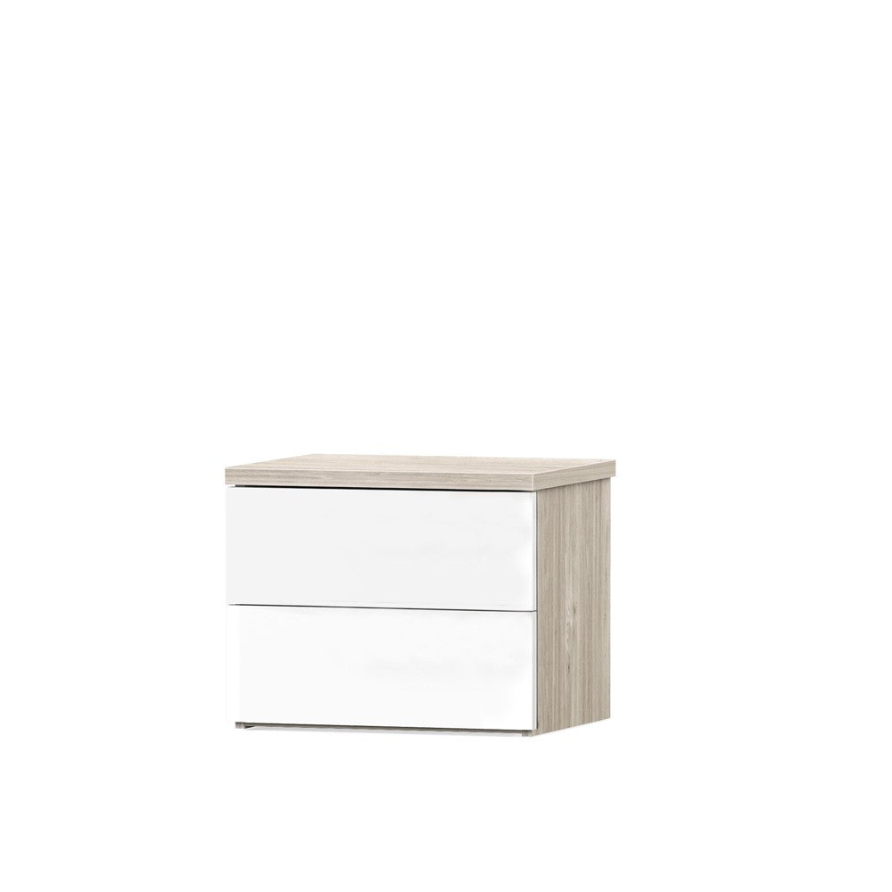 Comodino Melodia 2 cassetti senza maniglie in rovere sbiancato e bianco lucido