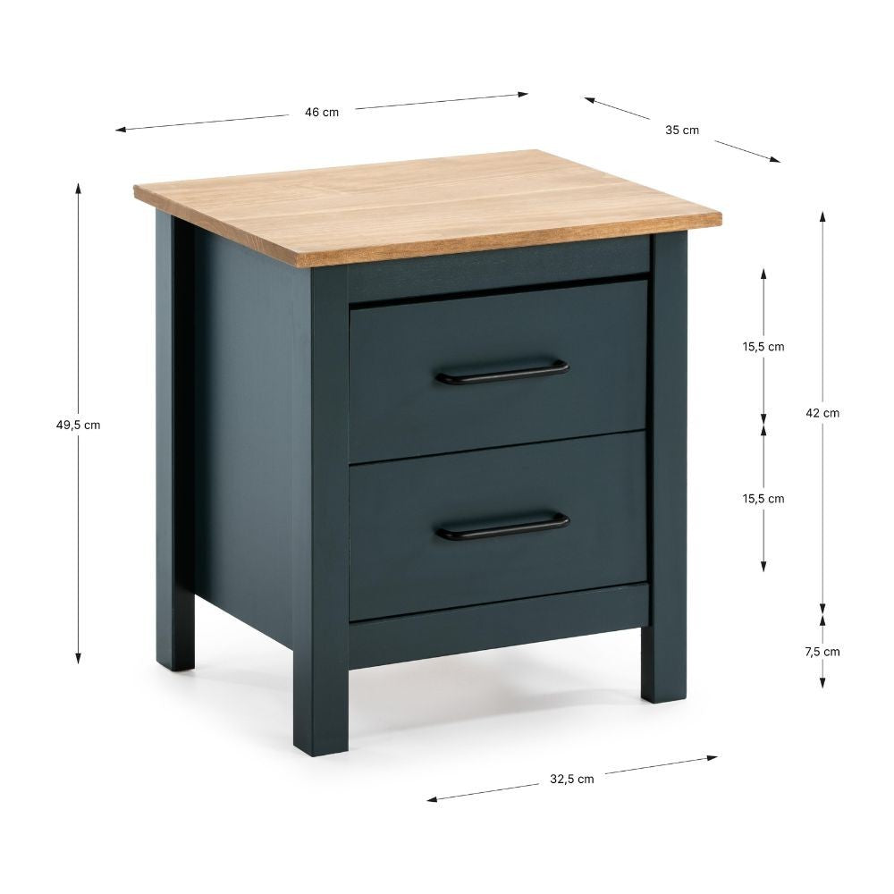 Comodino Miranda 2 cassetti in legno massiccio blu e top pino