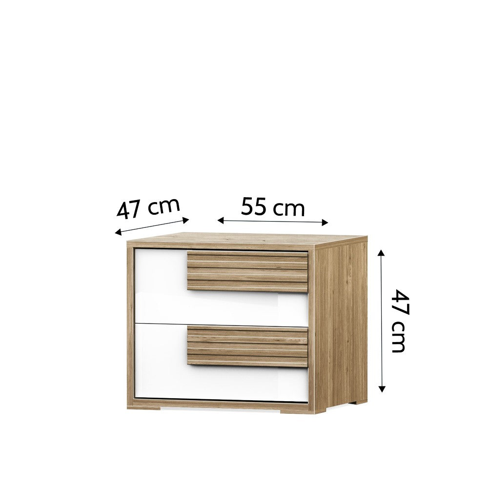 Comodino Selva 2 cassetti con maniglie con righe orizzontali in rovere caramello e frontali bianco lucido