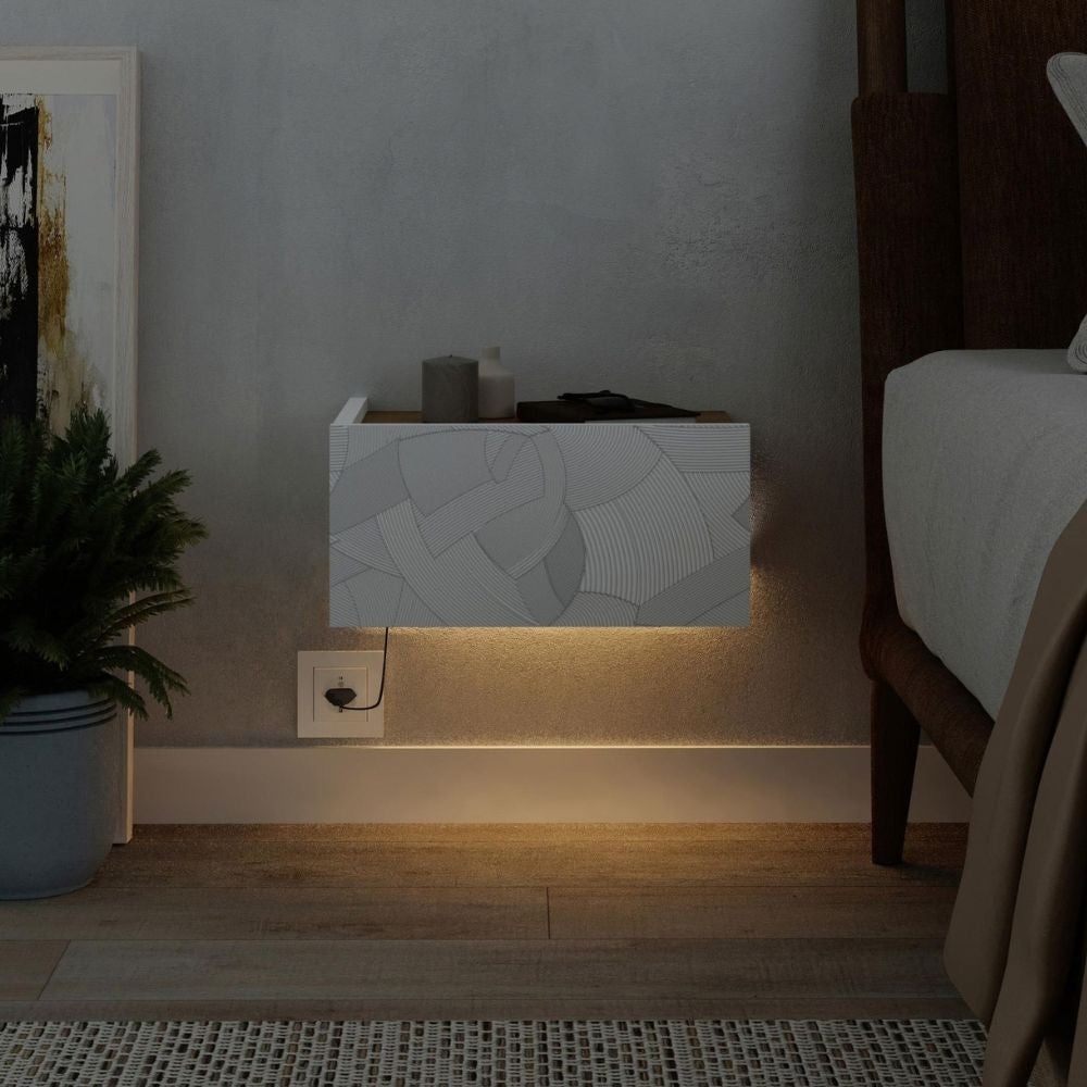 Comodino sospeso Onda colore bianco e cashmere con luci integrate
