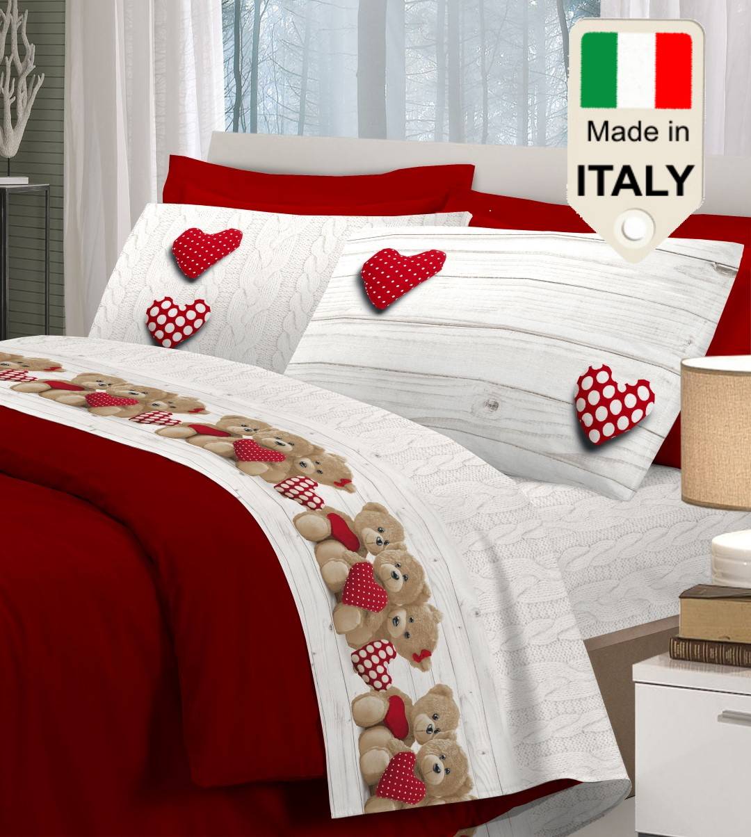 Completo lenzuola con elastico tipo orsacchiotto Teddy matrimoniale colore rosso