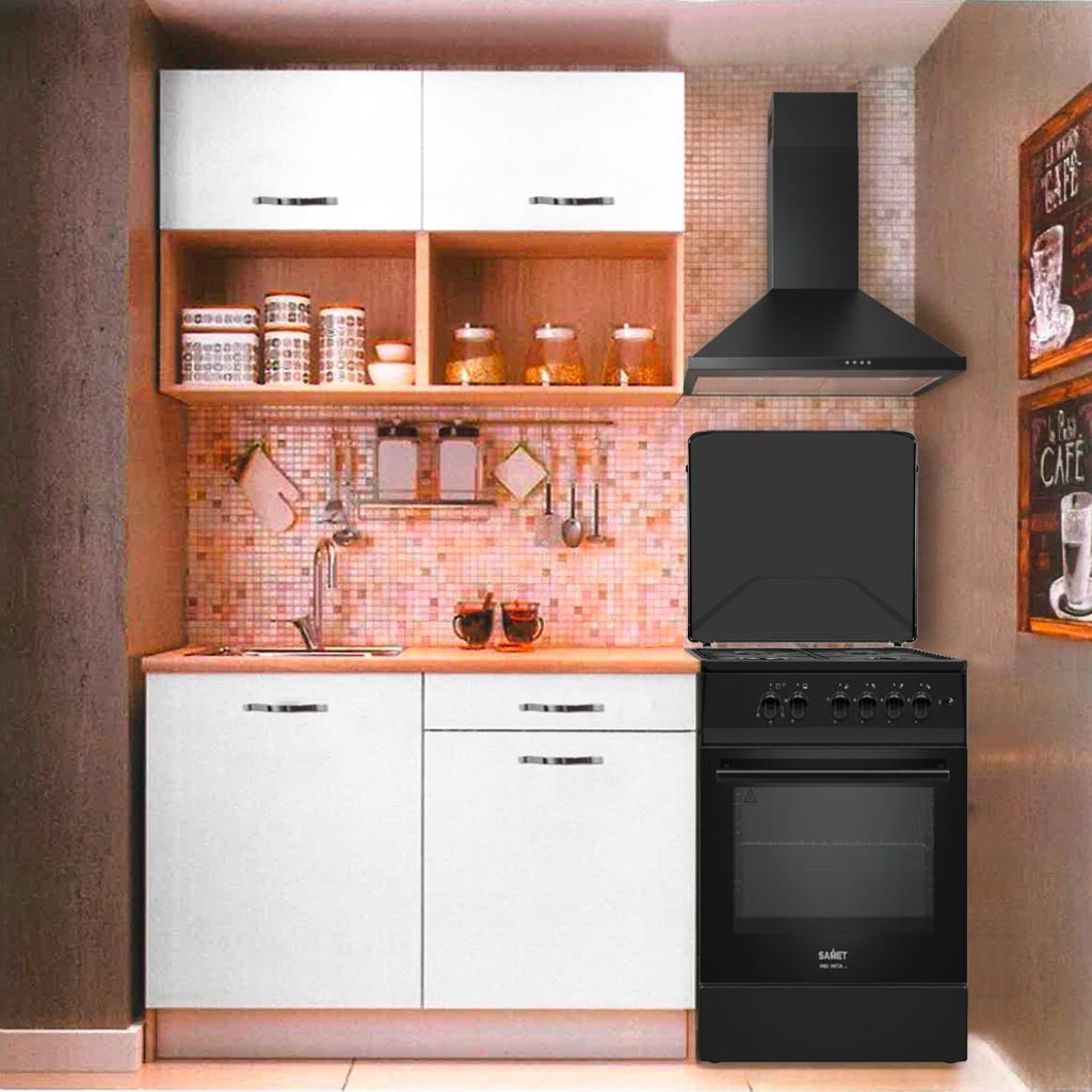 Cucina Cuneo 120 cm. H 220 cm. con cassa rovere e ante bianco opaco elettrodomestici inclusi