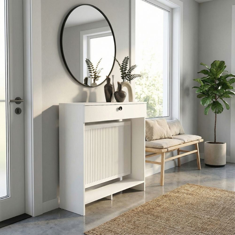 Consolle copri termosifone Opelya 90 cm. con anta a ribalta colore bianco