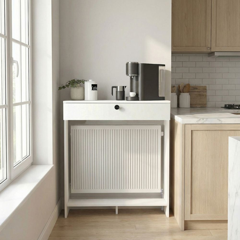 Consolle copri termosifone Opelya 90 cm. con anta a ribalta colore bianco