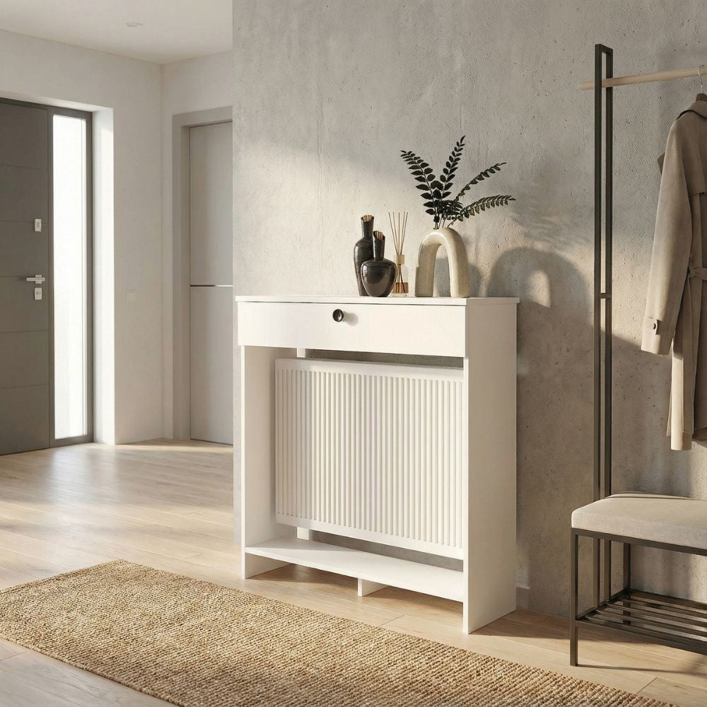 Consolle copri termosifone Opelya 90 cm. con anta a ribalta colore bianco