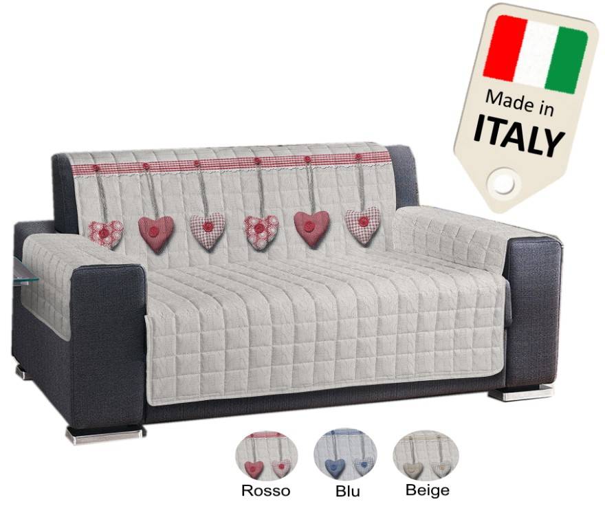 Copridivano 4 posti Antiscivolo trapuntato shabby cuori rossi prodotto italiano - Milano 7 Arte e Design