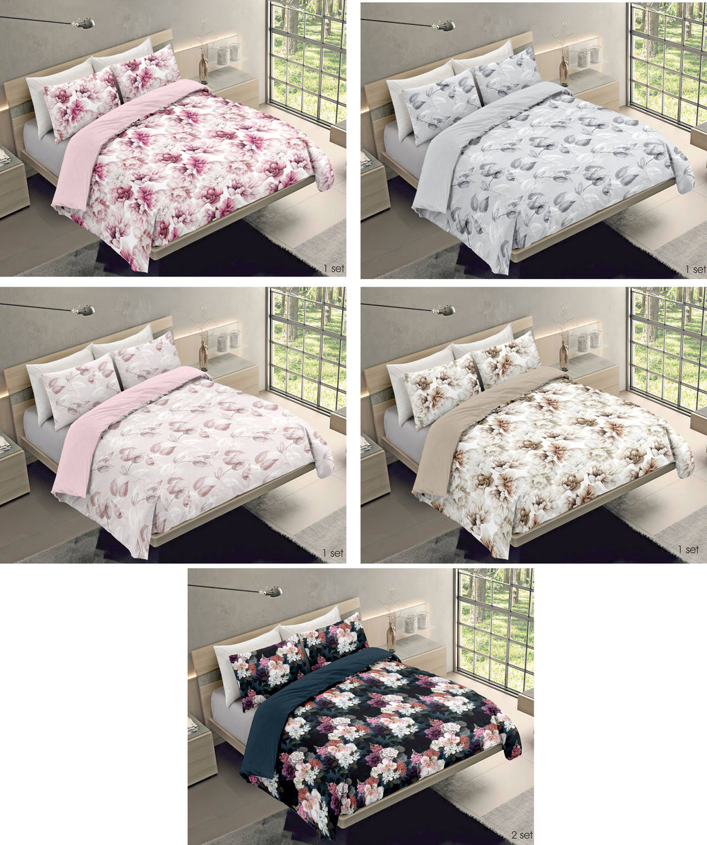 Copripiumino matrimoniale 2 piazze fiorato e tinta unita in cotone con federe