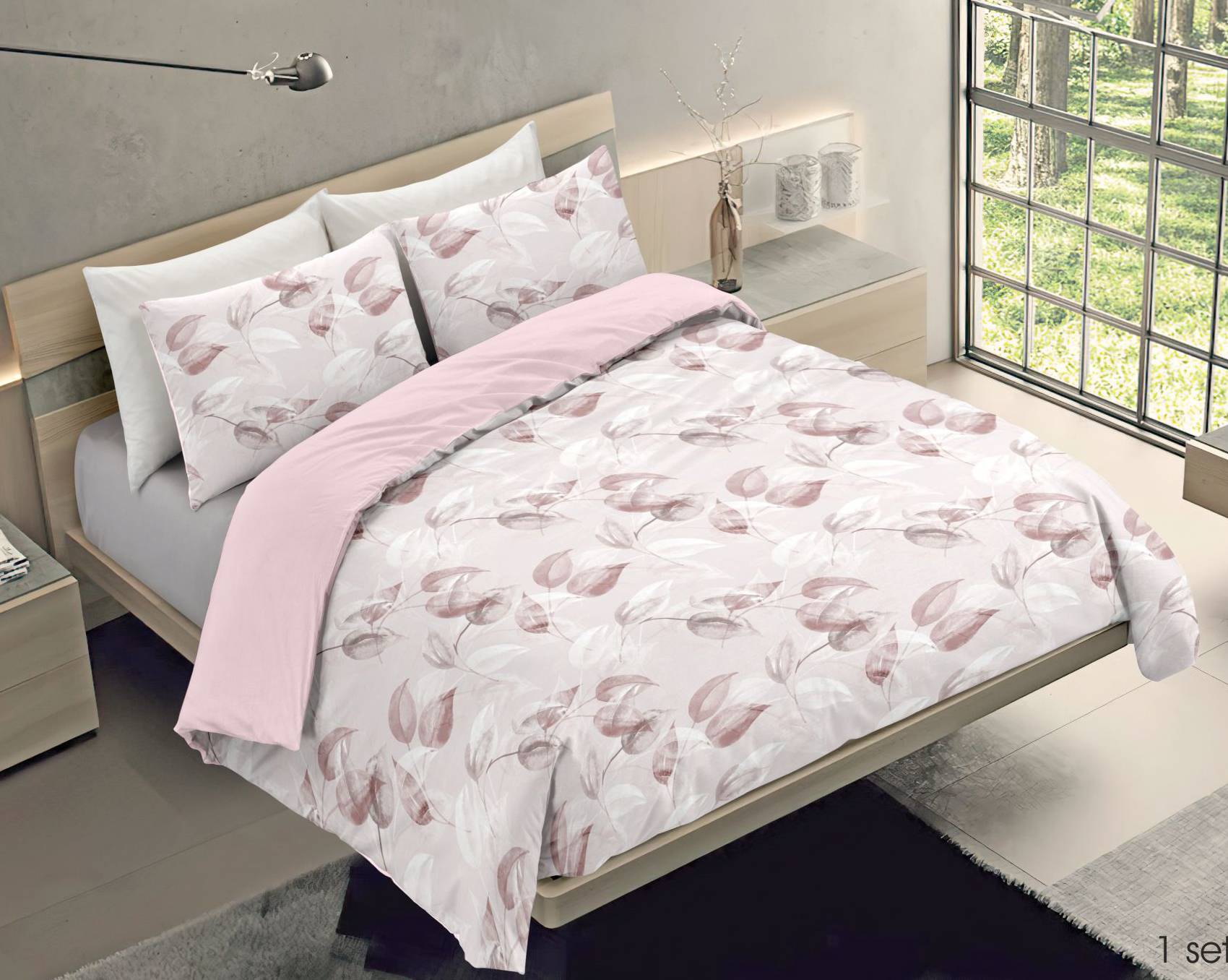 Copripiumino matrimoniale 2 piazze fiorato e tinta unita in cotone con federe