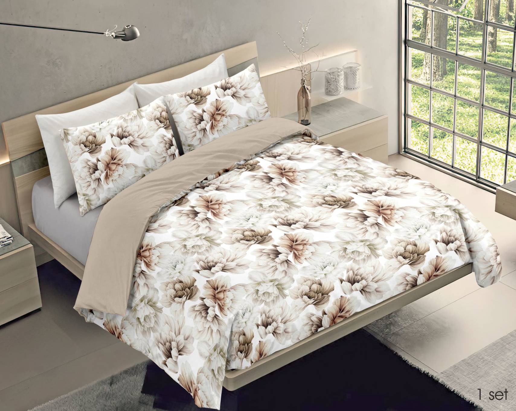 Copripiumino matrimoniale 2 piazze fiorato e tinta unita in cotone con federe