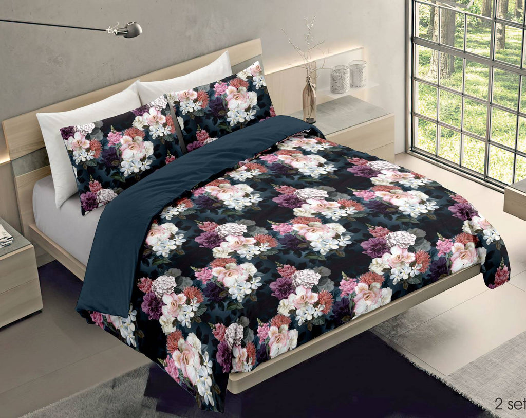 Copripiumino matrimoniale 2 piazze fiorato e tinta unita in cotone con federe