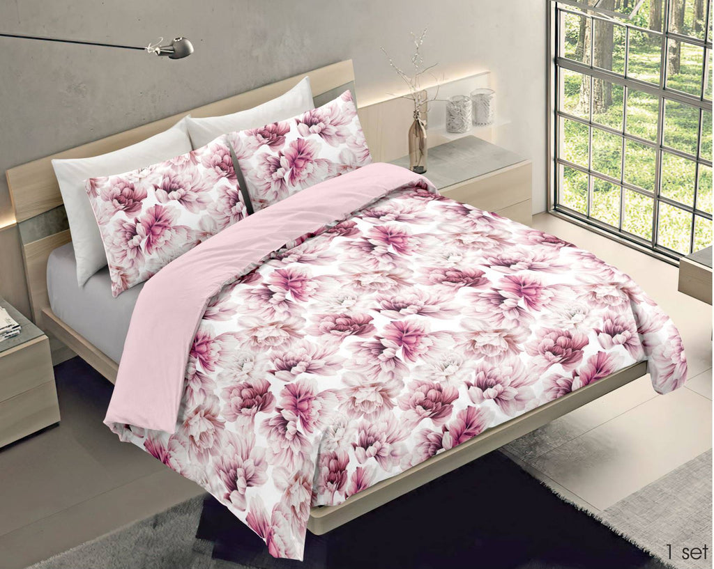 Copripiumino matrimoniale 2 piazze fiorato e tinta unita in cotone con federe