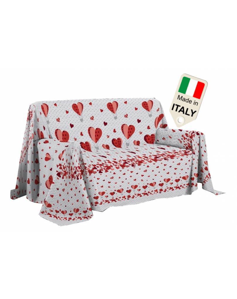Copritutto telo arredo copriletto cotone piazza e mezza cuori mongolfiere rosso