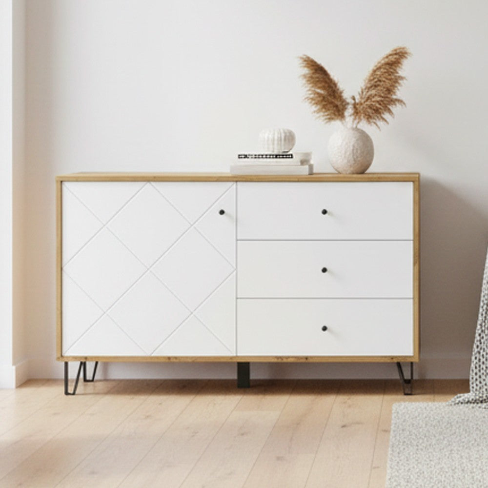 Credenza Bollo 5 con anta e 3 cassetti colore rovere e bianco