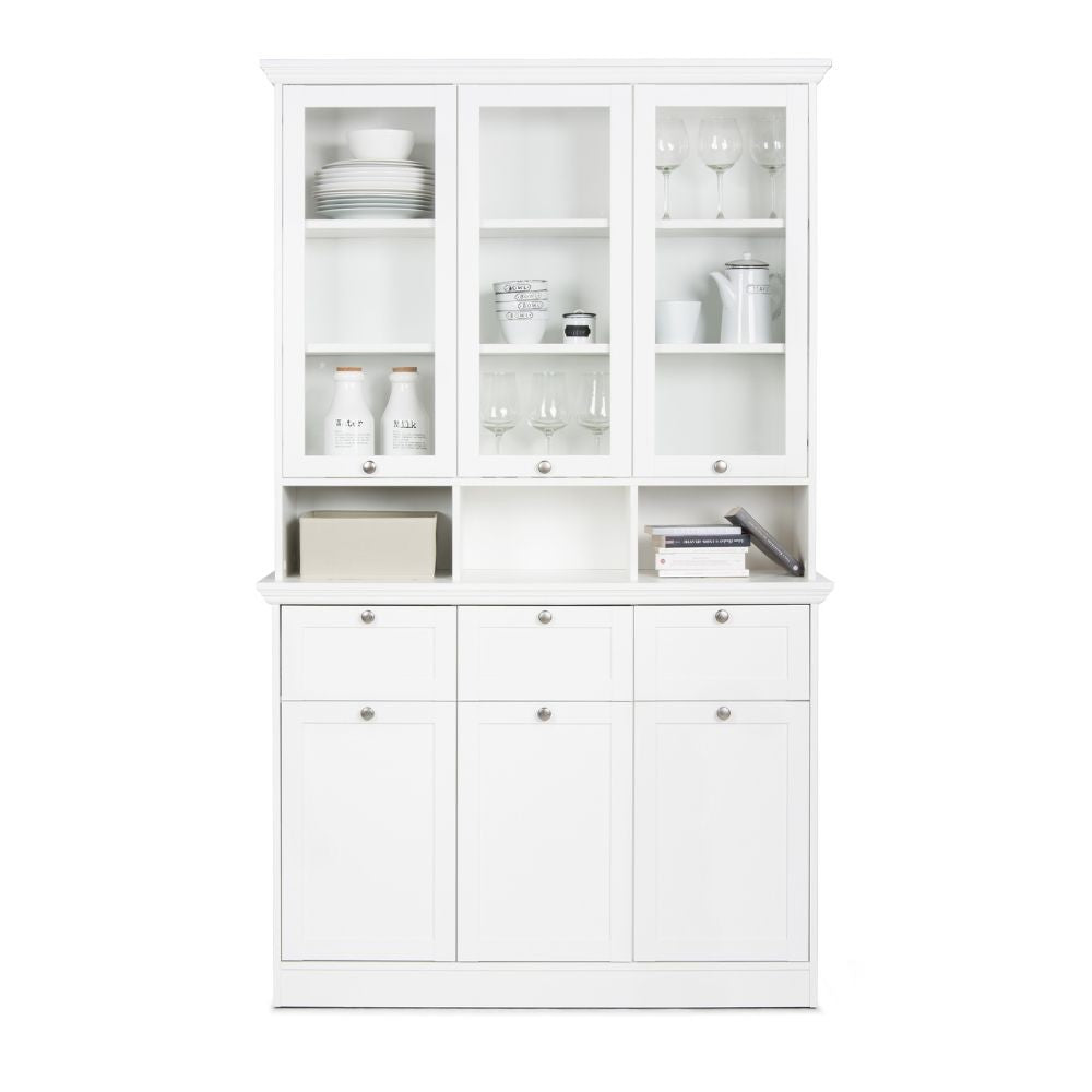 Credenza con vetrina Landwood50 3 ante vetro superiori 3 ante inferiori vani a giorno e 3 cassetti in bianco