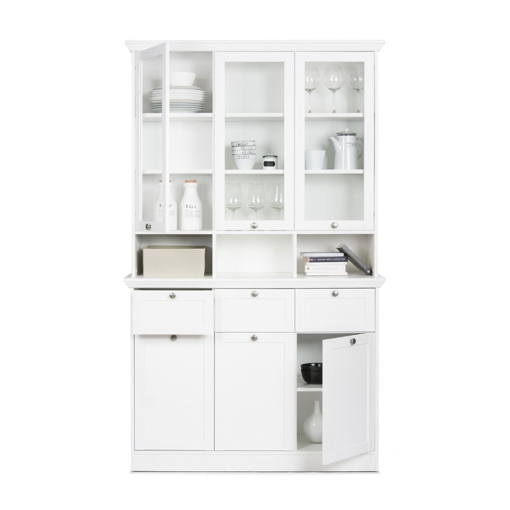 Credenza con vetrina Landwood50 3 ante vetro superiori 3 ante inferiori vani a giorno e 3 cassetti in bianco