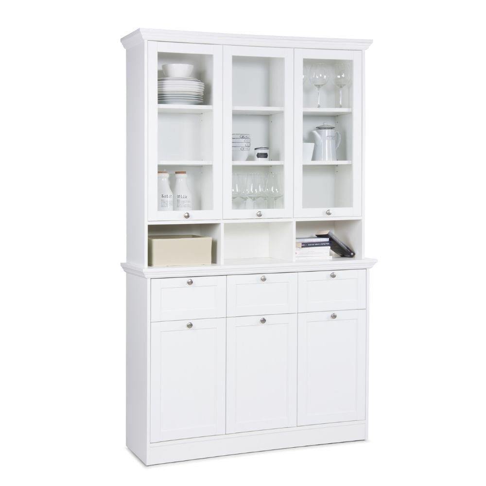 Credenza con vetrina Landwood50 3 ante vetro superiori 3 ante inferiori vani a giorno e 3 cassetti in bianco