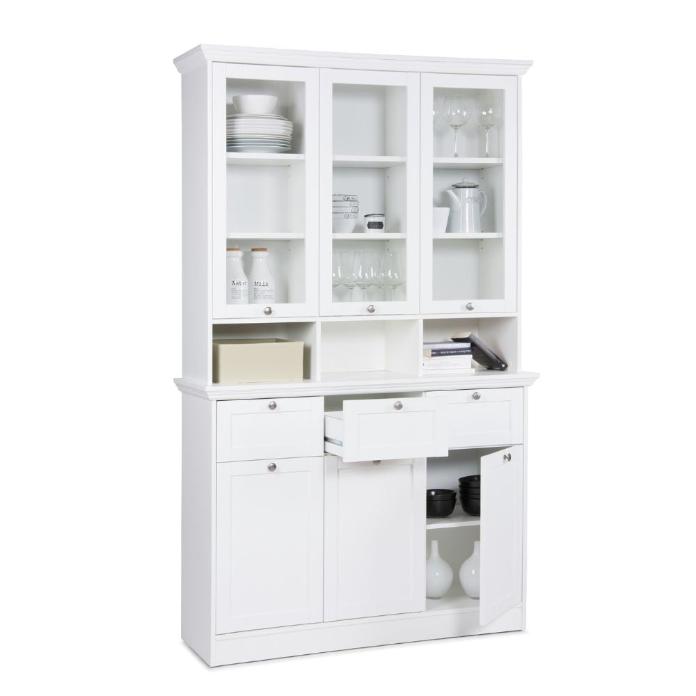 Credenza con vetrina Landwood50 3 ante vetro superiori 3 ante inferiori vani a giorno e 3 cassetti in bianco