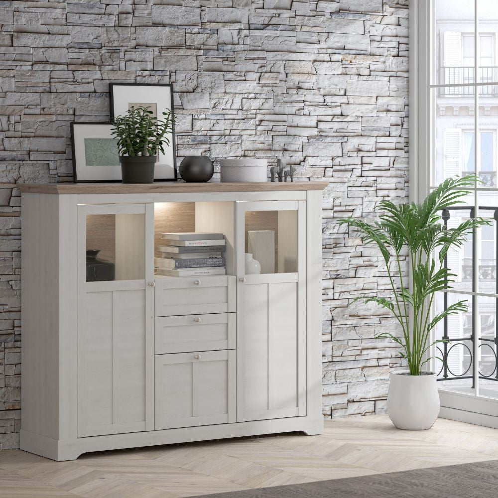 Credenza Forma con 2 cassetti e 3 ante con vetro temperato colore rovere neve e piano olmo scuro con luci integrate