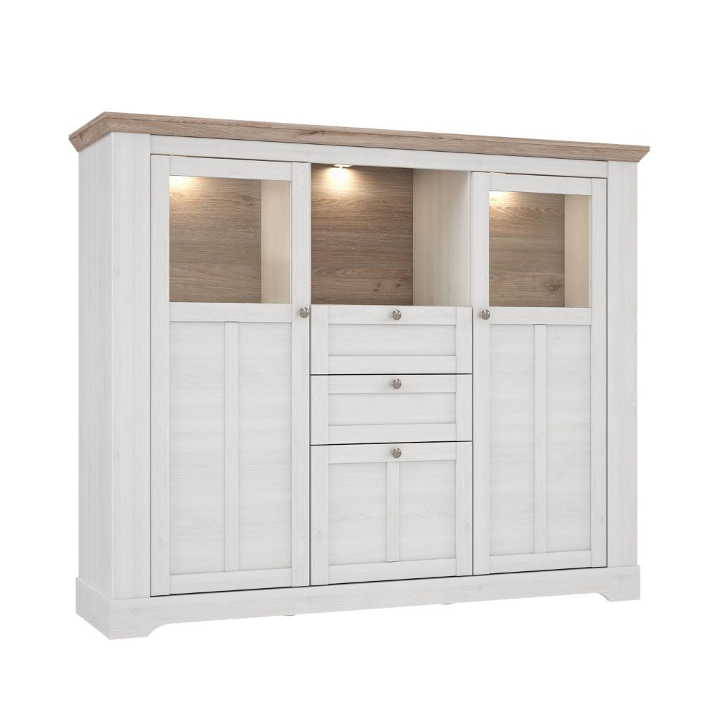 Credenza Forma con 2 cassetti e 3 ante con vetro temperato colore rovere neve e piano olmo scuro con luci integrate