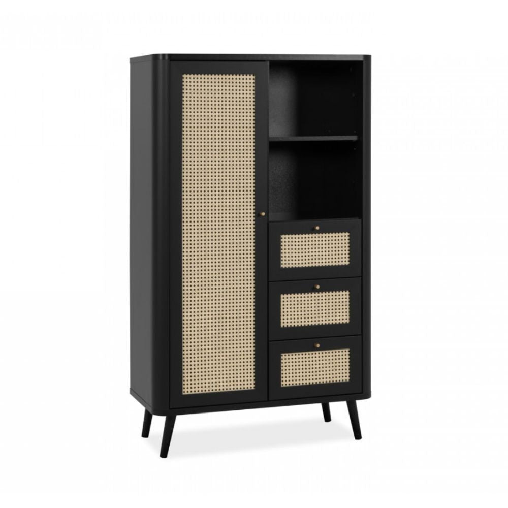 Credenza KUTA53 nera 3 cassetti e anta effetto rafia