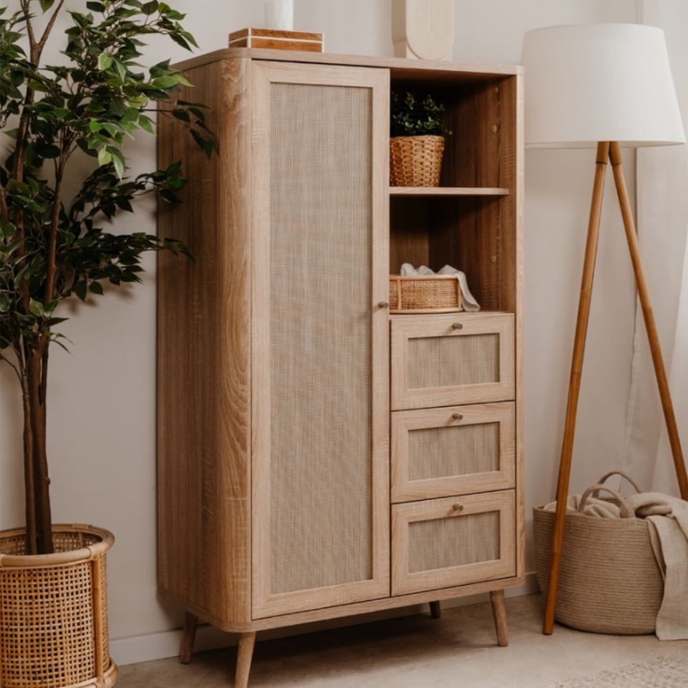 Credenza KUTA53 rovere sonoma 3 cassetti e anta effetto rafia
