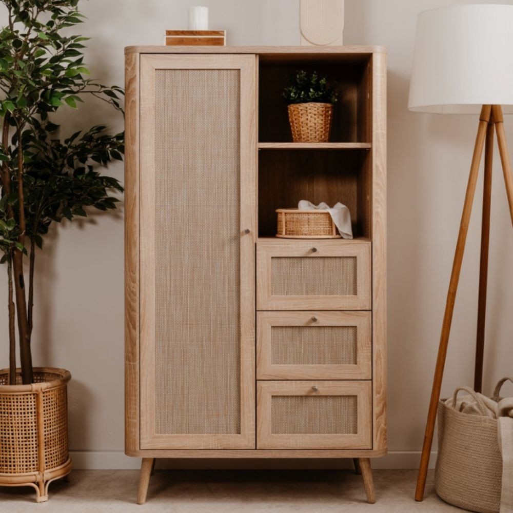 Credenza KUTA53 rovere sonoma 3 cassetti e anta effetto rafia