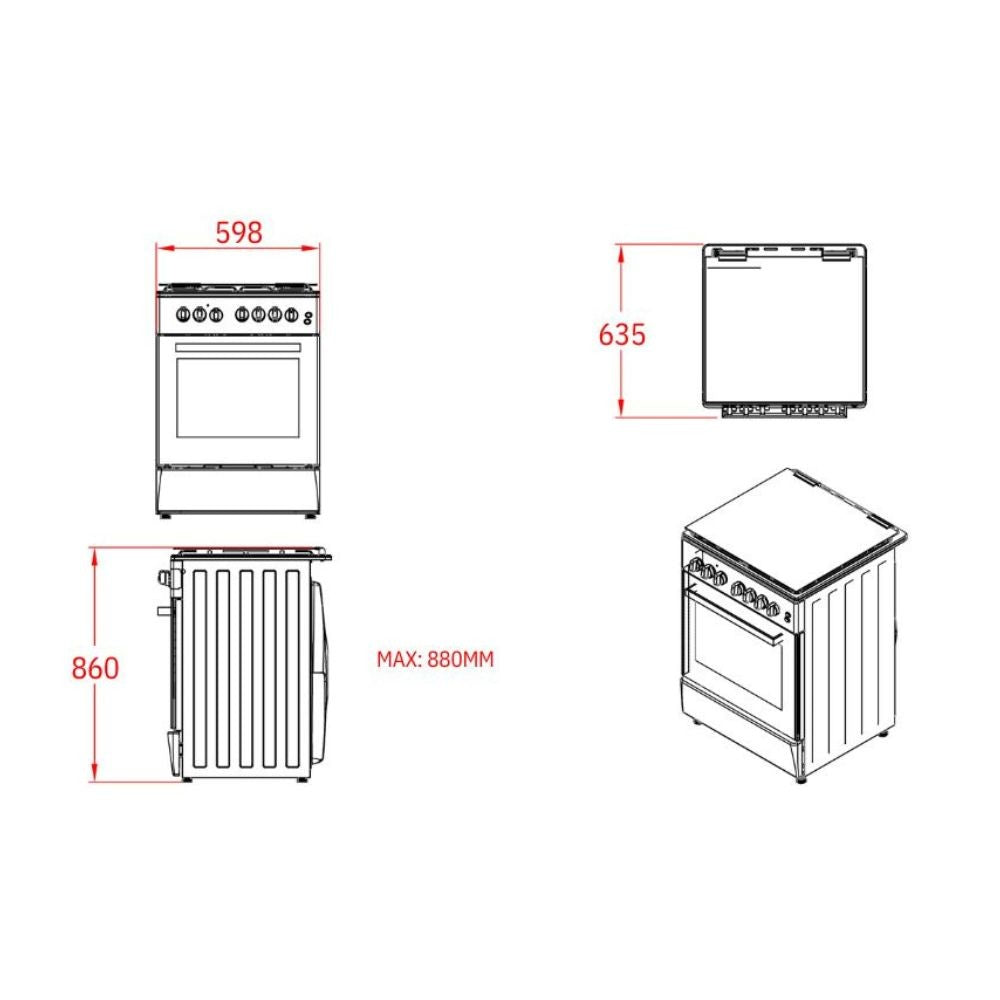 Cucina a gas Tremiti 60x60 con forno multifunzione e grill elettrico 70 litri silver e top nero classe A Samet Indomita Line