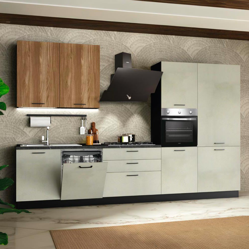 Cucina completa Micol destra con struttura in antracite basi e colonne in cemento bianco e pensili in olmo tabacco