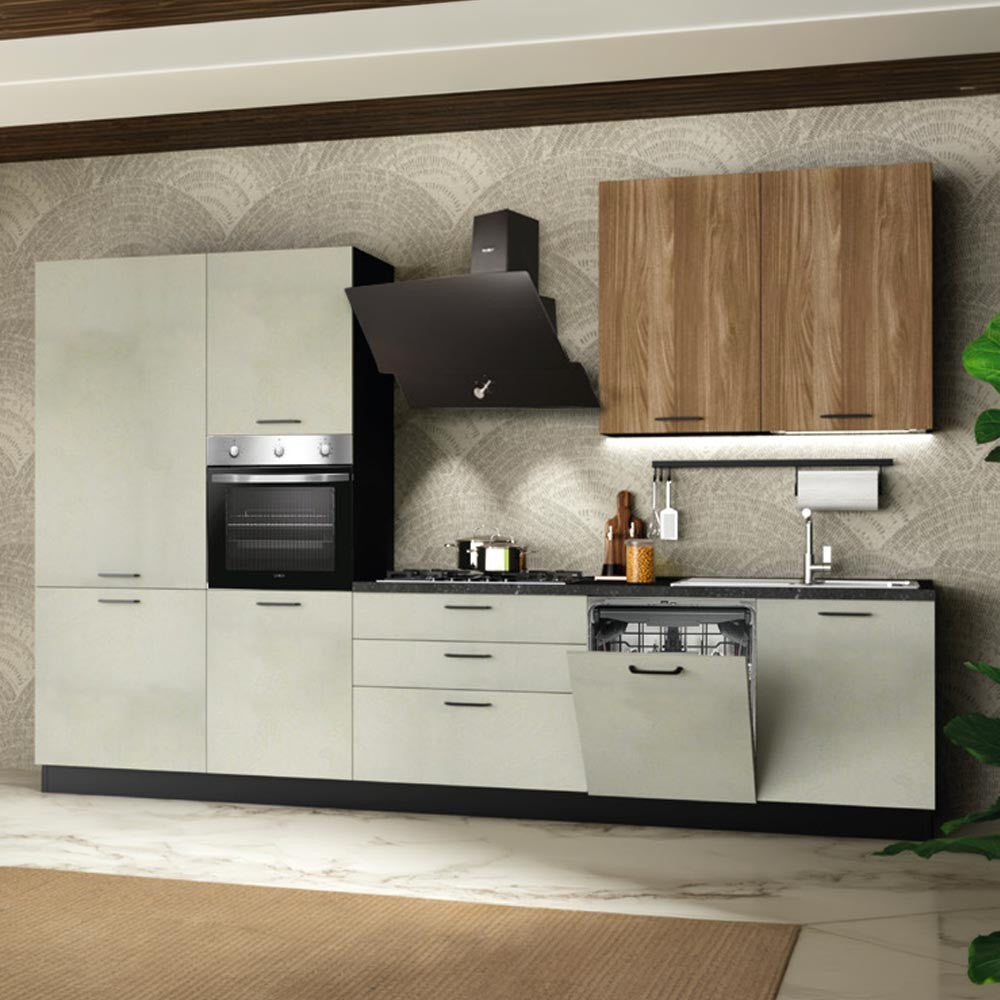 Cucina completa Micol sinistra con struttura in antracite basi e colonne in cemento bianco e pensili in olmo tabacco