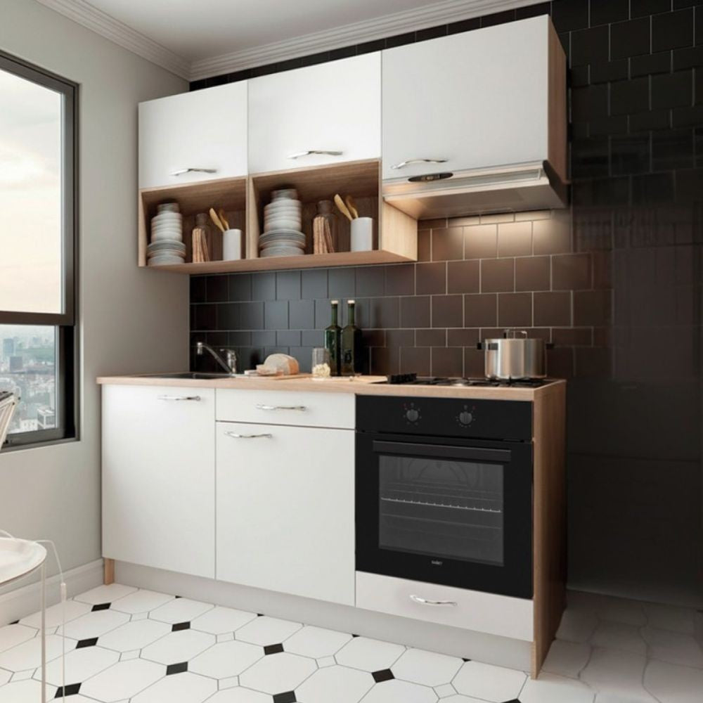 Cucina Cuneo 180 cm. H 220 cm. con cassa rovere e ante bianco opaco elettrodomestici inclusi