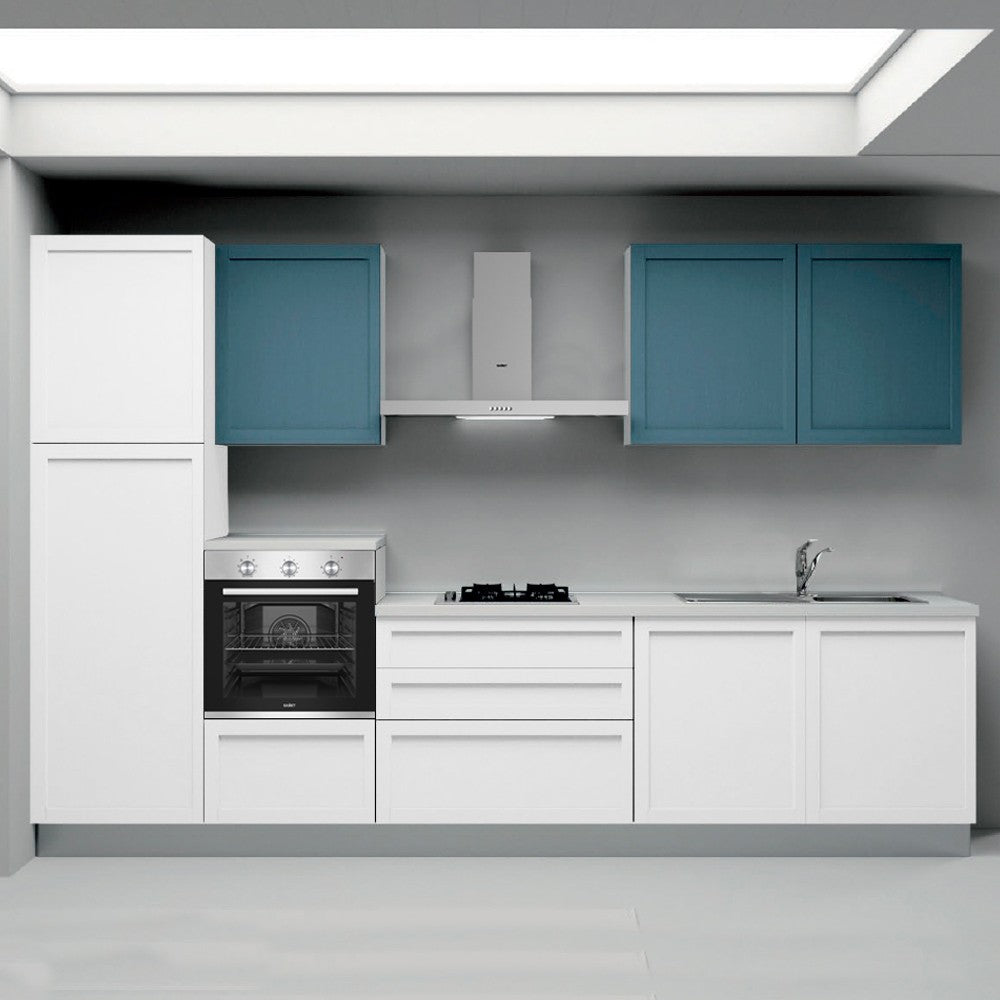 Cucina lineare Venere ml.330 con colonna sinistra e base bianco frassinato e pensili avio