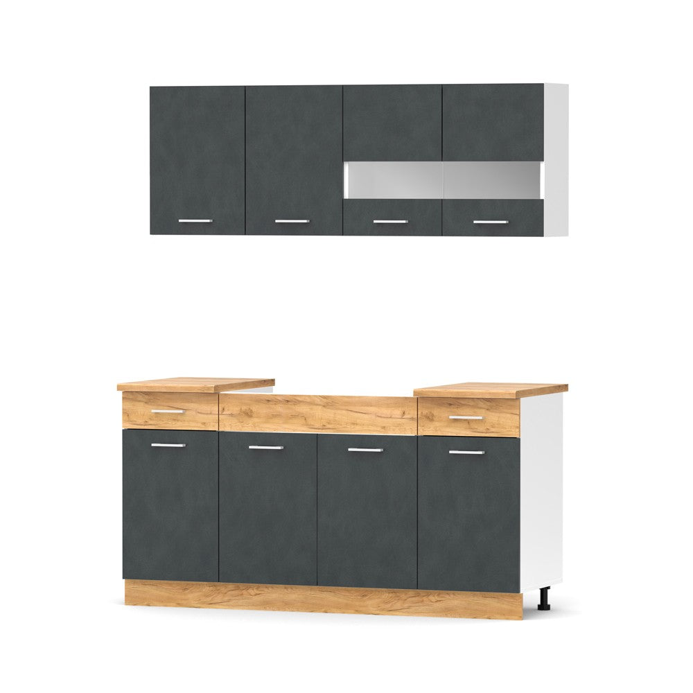 Cucina monoblocco 160 cm Erika in colore grigio matera e rovere con fianchi bianchi