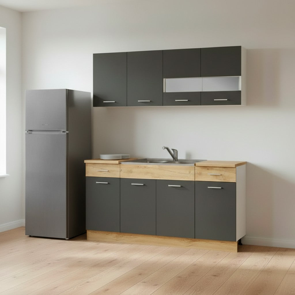Cucina monoblocco 160 cm Erika in colore grigio matera e rovere con fianchi bianchi