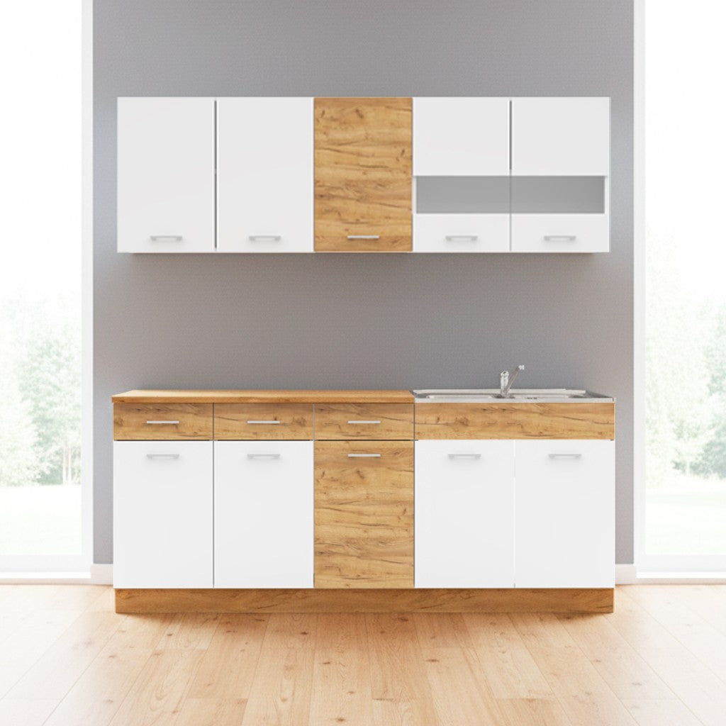 Cucina monoblocco 200 cm Erika in colore bianco e rovere