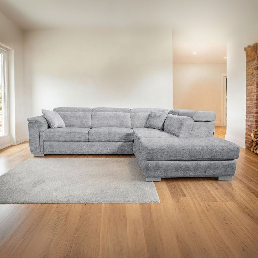 Divano angolare Carovigno con letto roller penisola destra pouff contenitore in tessuto teddy Arizona 101 grigio