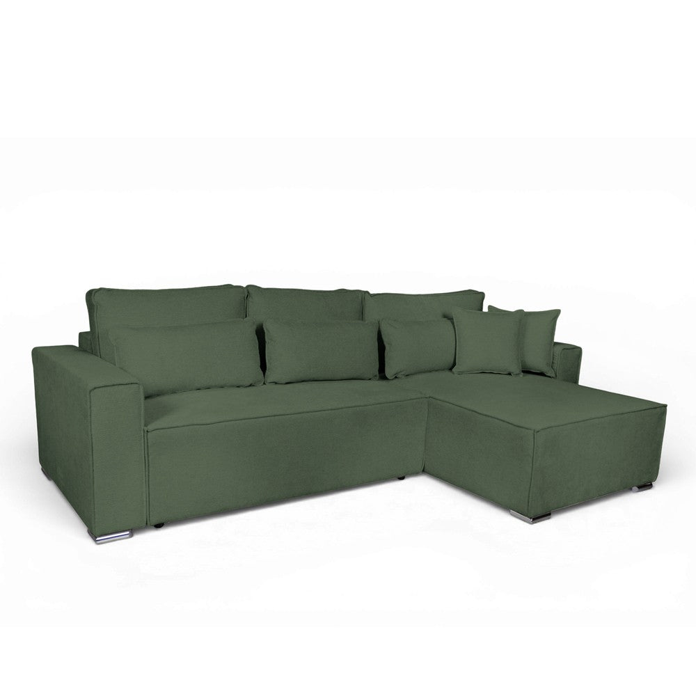 Divano angolare Emily con funzione letto con contenitore e penisola reversibile cuscini decorativi in Aragon 39 verde oliva