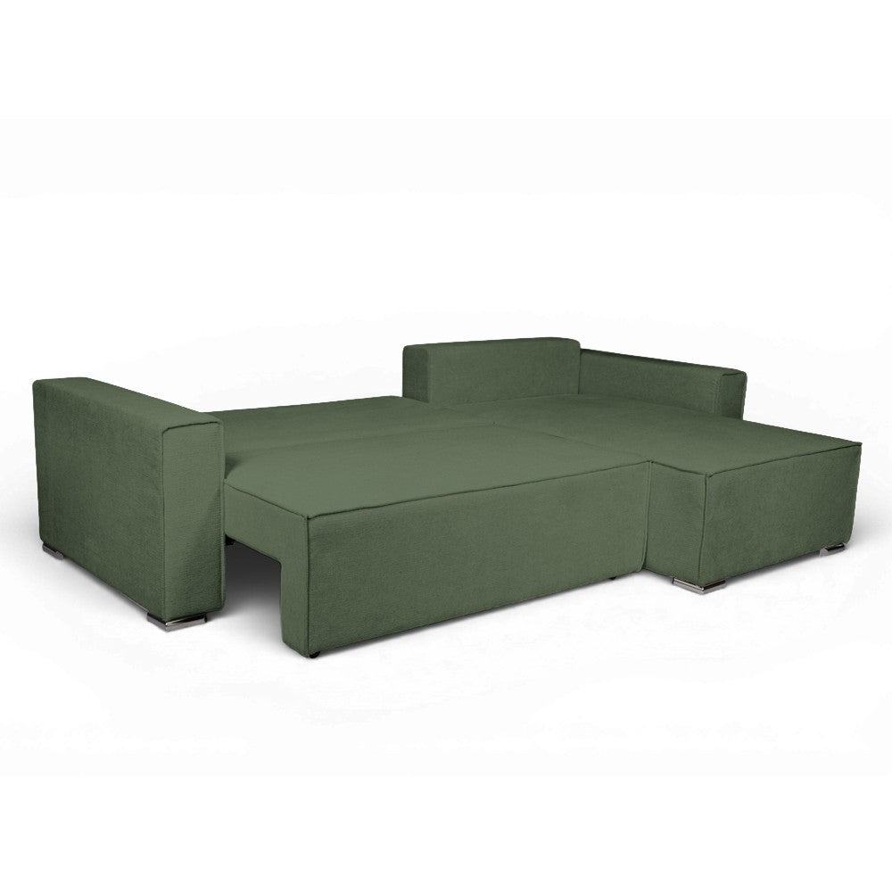 Divano angolare Emily con funzione letto con contenitore e penisola reversibile cuscini decorativi in Aragon 39 verde oliva
