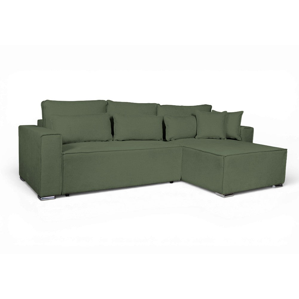 Divano angolare Emily con funzione letto con contenitore e penisola reversibile cuscini decorativi in Aragon 39 verde oliva