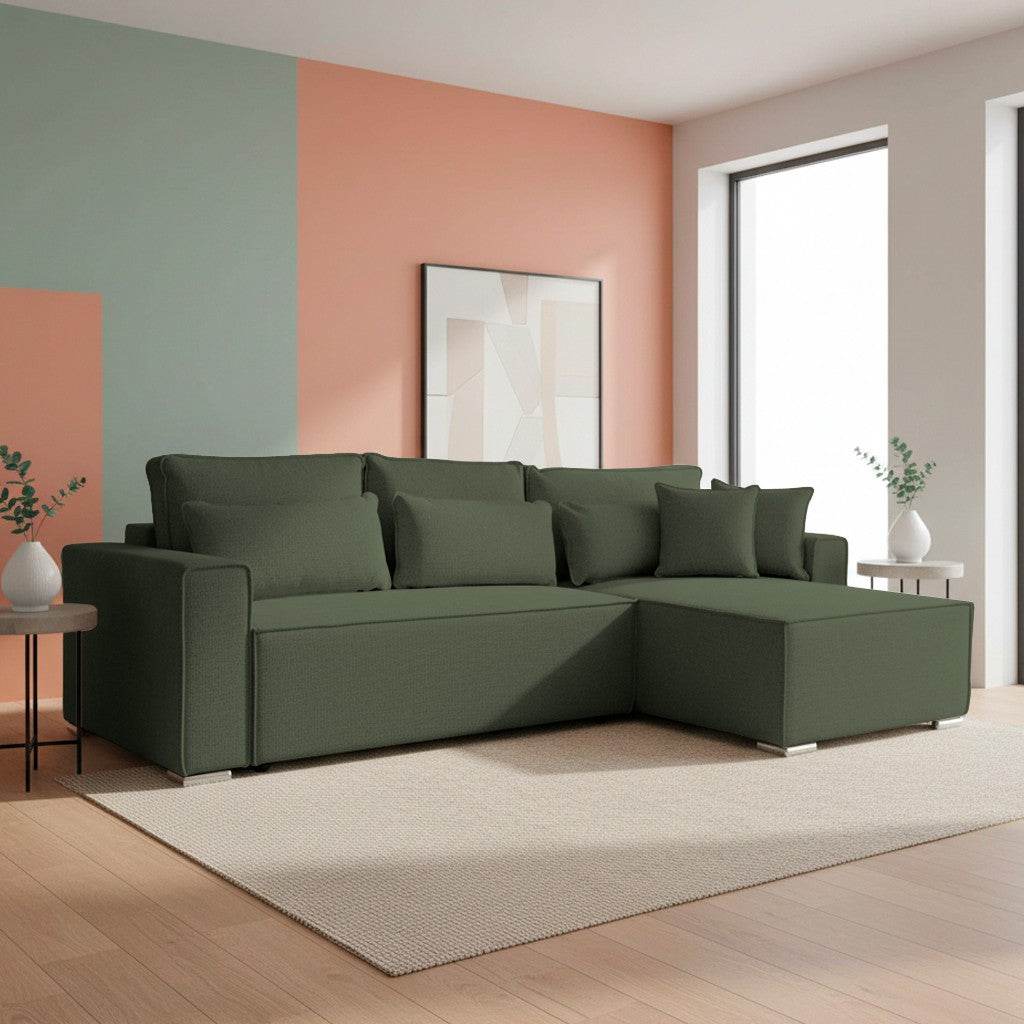 Divano angolare Emily con funzione letto con contenitore e penisola reversibile cuscini decorativi in Aragon 39 verde oliva