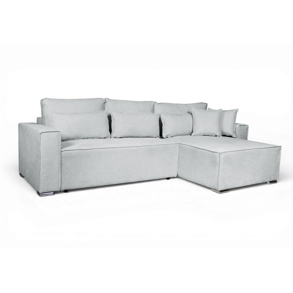 Divano angolare Emily con funzione letto con contenitore e penisola reversibile cuscini decorativi in Neve 80 grigio scuro