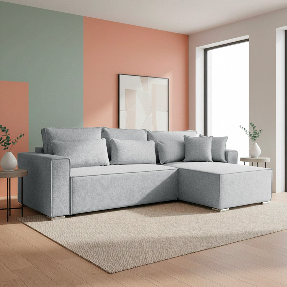 Divano angolare Emily con funzione letto con contenitore e penisola reversibile cuscini decorativi in Neve 80 grigio scuro