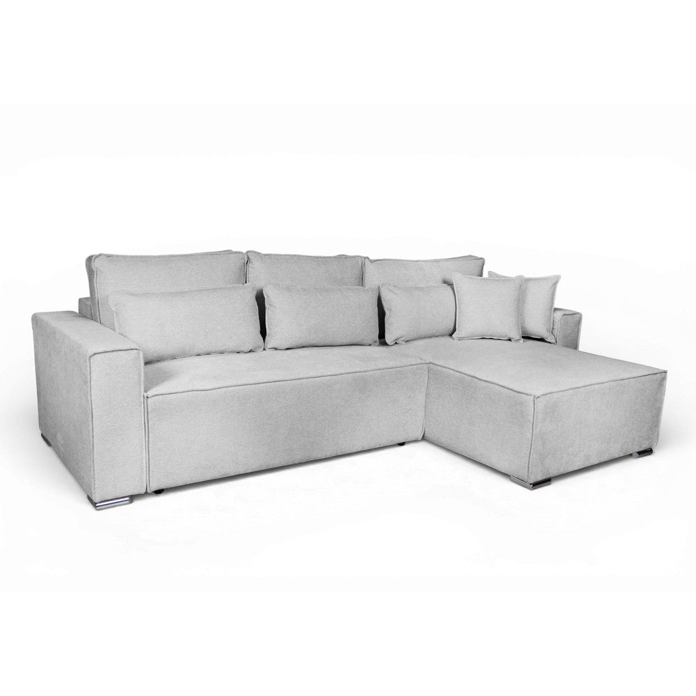 Divano angolare Emily con funzione letto easy open con contenitore e penisola reversibile cuscini decorativi in Aragon 80 grigio