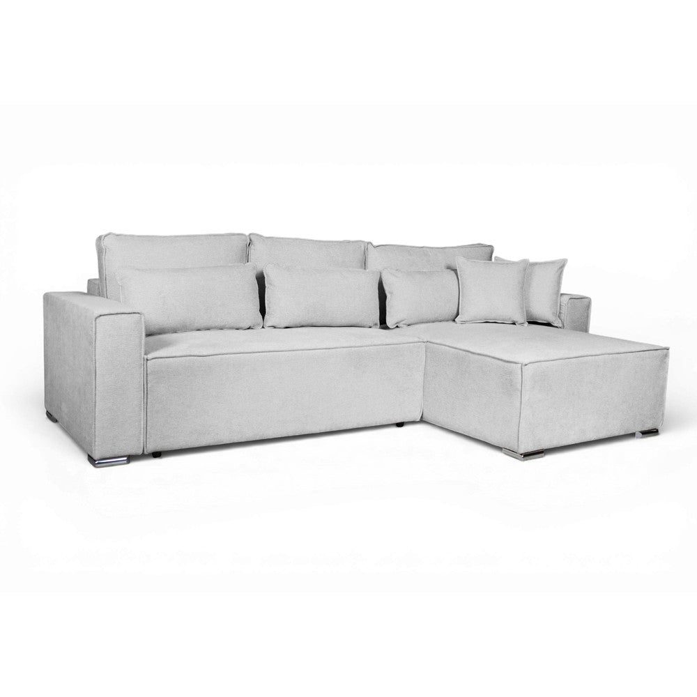 Divano angolare Emily con funzione letto easy open con contenitore e penisola reversibile cuscini decorativi in Aragon 80 grigio