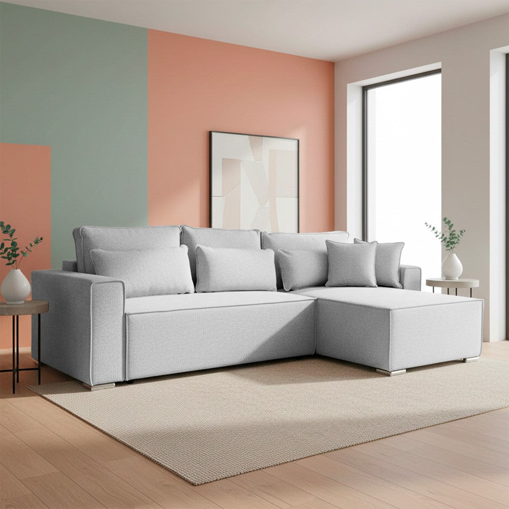 Divano angolare Emily con funzione letto easy open con contenitore e penisola reversibile cuscini decorativi in Aragon 80 grigio