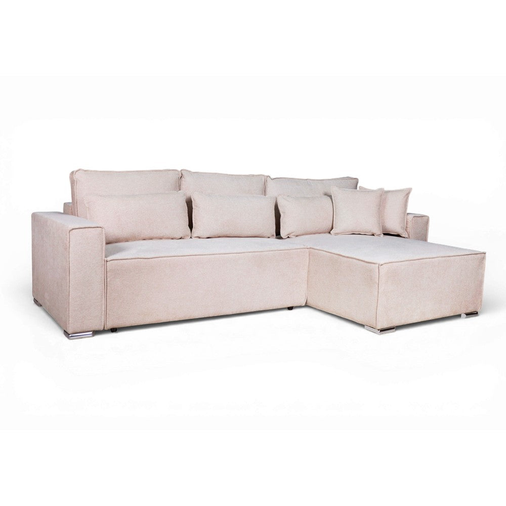 Divano angolare Emily con funzione letto easy open con contenitore e penisola reversibile cuscini decorativi in Neve 03 beige