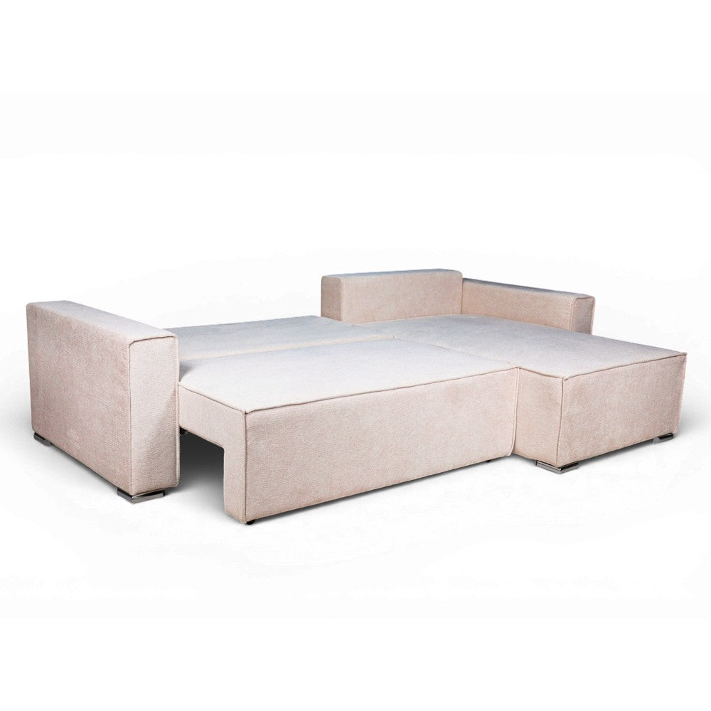 Divano angolare Emily con funzione letto easy open con contenitore e penisola reversibile cuscini decorativi in Neve 03 beige