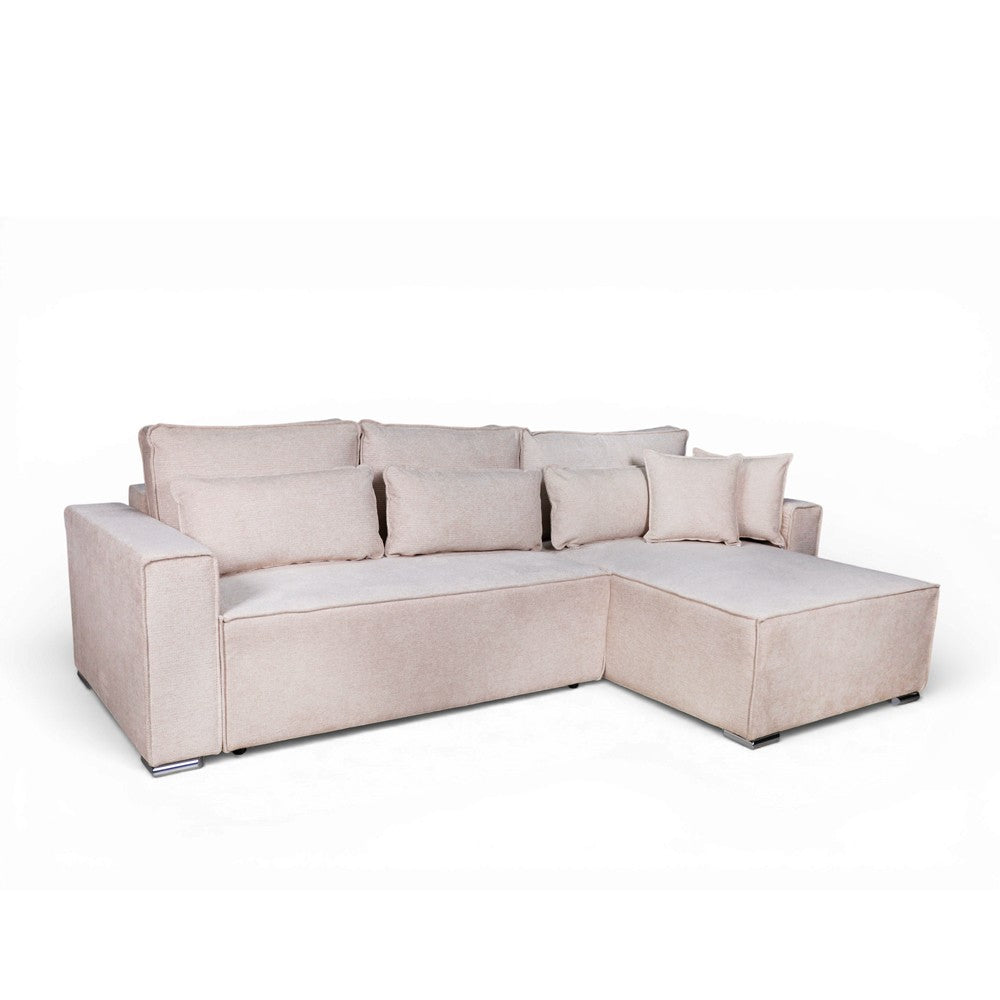 Divano angolare Emily con funzione letto easy open con contenitore e penisola reversibile cuscini decorativi in Neve 03 beige