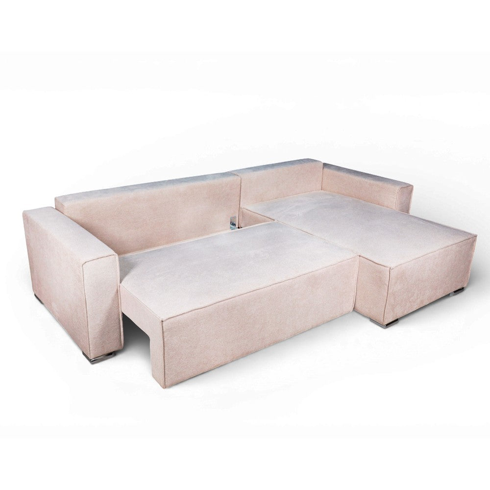Divano angolare Emily con funzione letto easy open con contenitore e penisola reversibile cuscini decorativi in Neve 03 beige