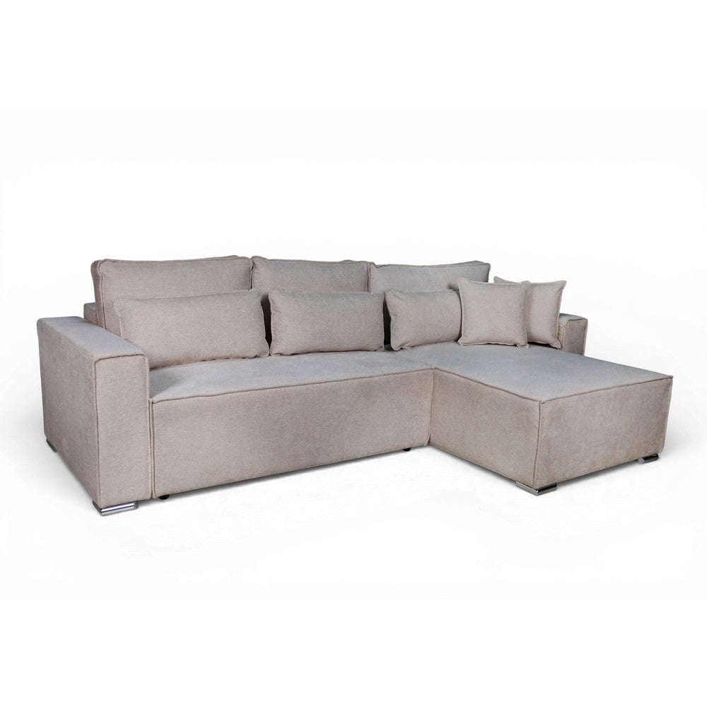 Divano angolare Emily con funzione letto easy open con contenitore e penisola reversibile cuscini decorativi in Neve 13 tortora